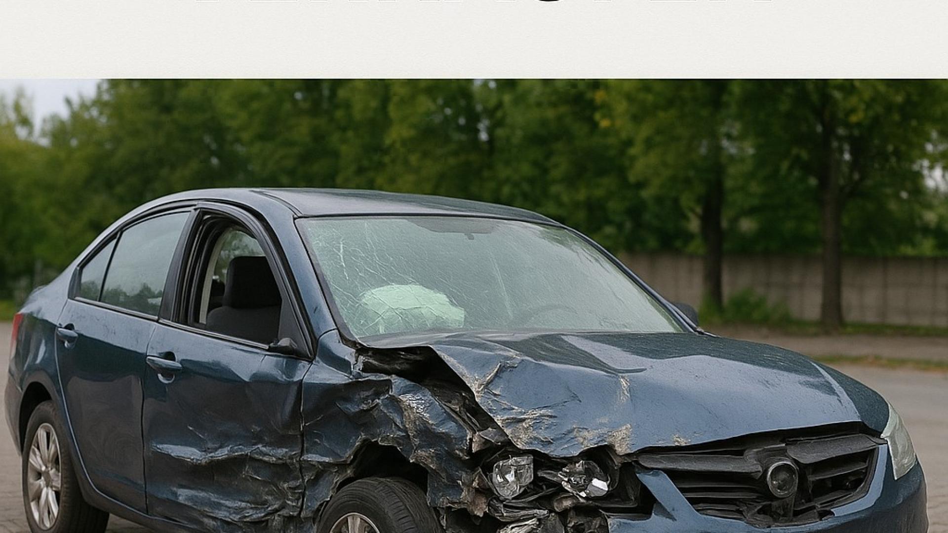 Symbolbild für den Verkauf eines Unfallwagens in Dortmund: Ein stark beschädigter Pkw mit der Aufschrift 'Unfallauto in Dortmund verkaufen'. Ideal für Beiträge rund um Autoverkauf nach Unfall, regionale Autoankaufsdienste und Schadensbewertung.