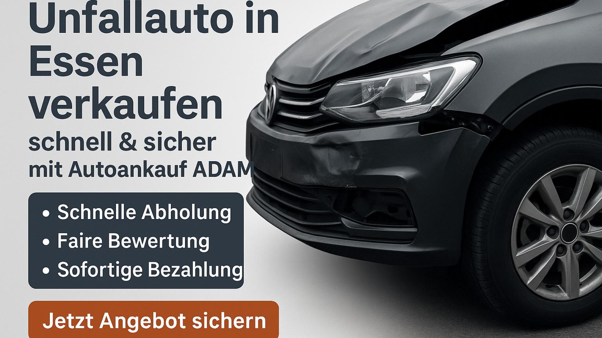 Digitale Anzeige für den Unfallauto-Ankauf in Essen mit beschädigtem Fahrzeug, Vorteilen des Services und CTA „Jetzt Angebot sichern“. 