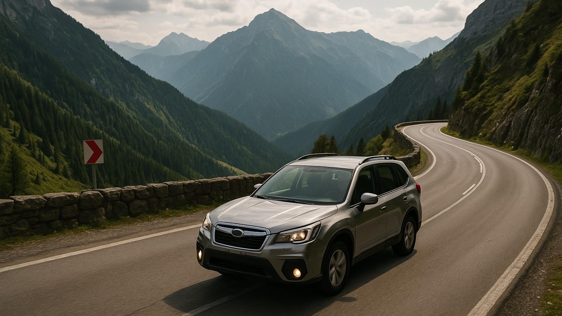 Silberner SUV auf kurviger Bergstraße mit Panoramablick – sicher unterwegs in alpiner Landschaft bei Tageslicht.
