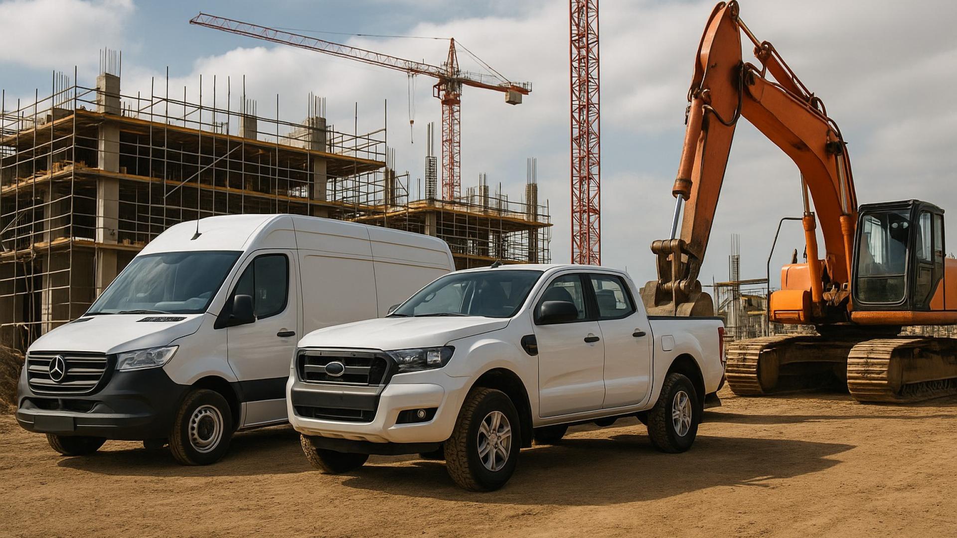 Baustelle in Essen mit Mercedes Sprinter, Ford Ranger und Bagger – typische Fahrzeuge im harten Baustelleneinsatz.