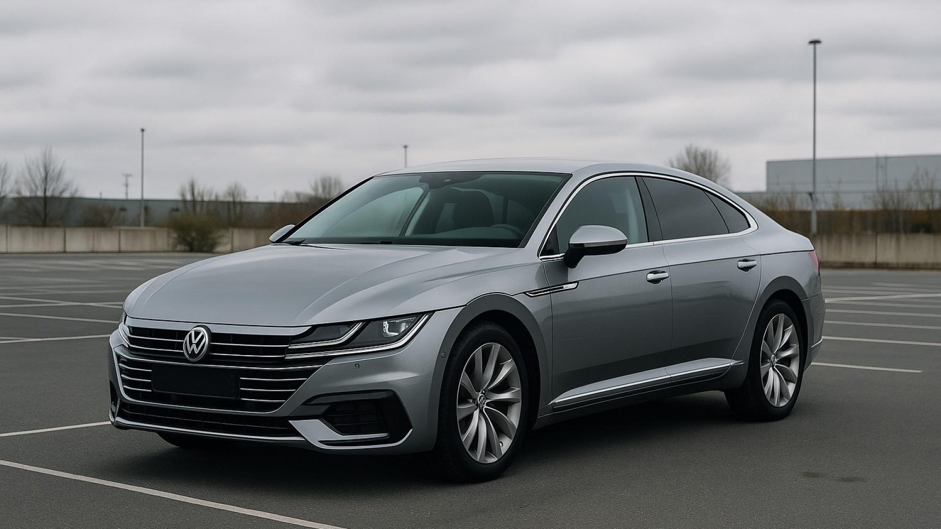 Silberner VW Arteon auf leerem Parkplatz unter bewölktem Himmel, schräg fotografiert für elegante Fahrzeugdarstellung.