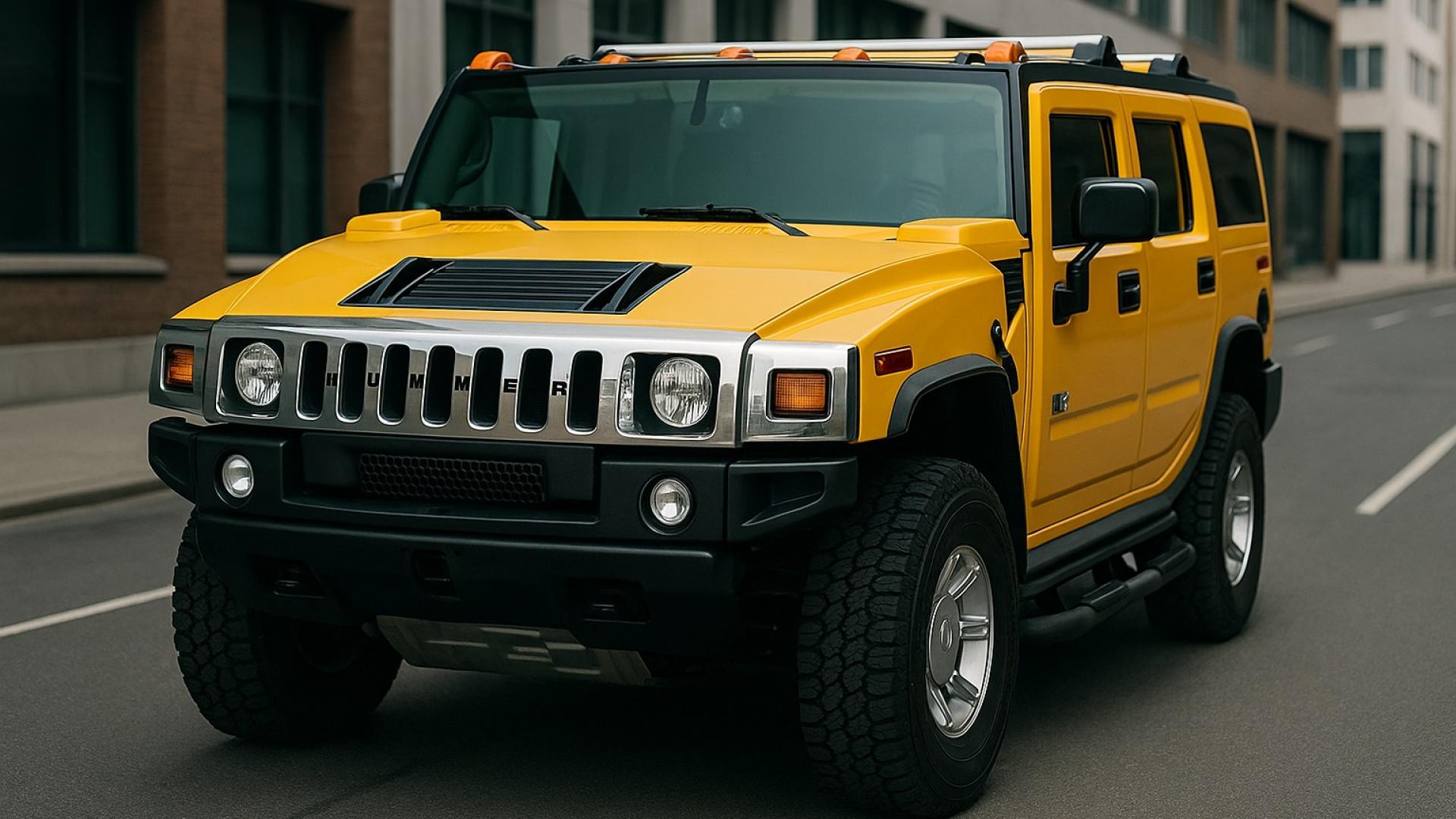 Moderner gelber Hummer H2 auf urbaner Straße – stark, auffällig und bereit zum Verkauf bei Autoankauf ADAM.