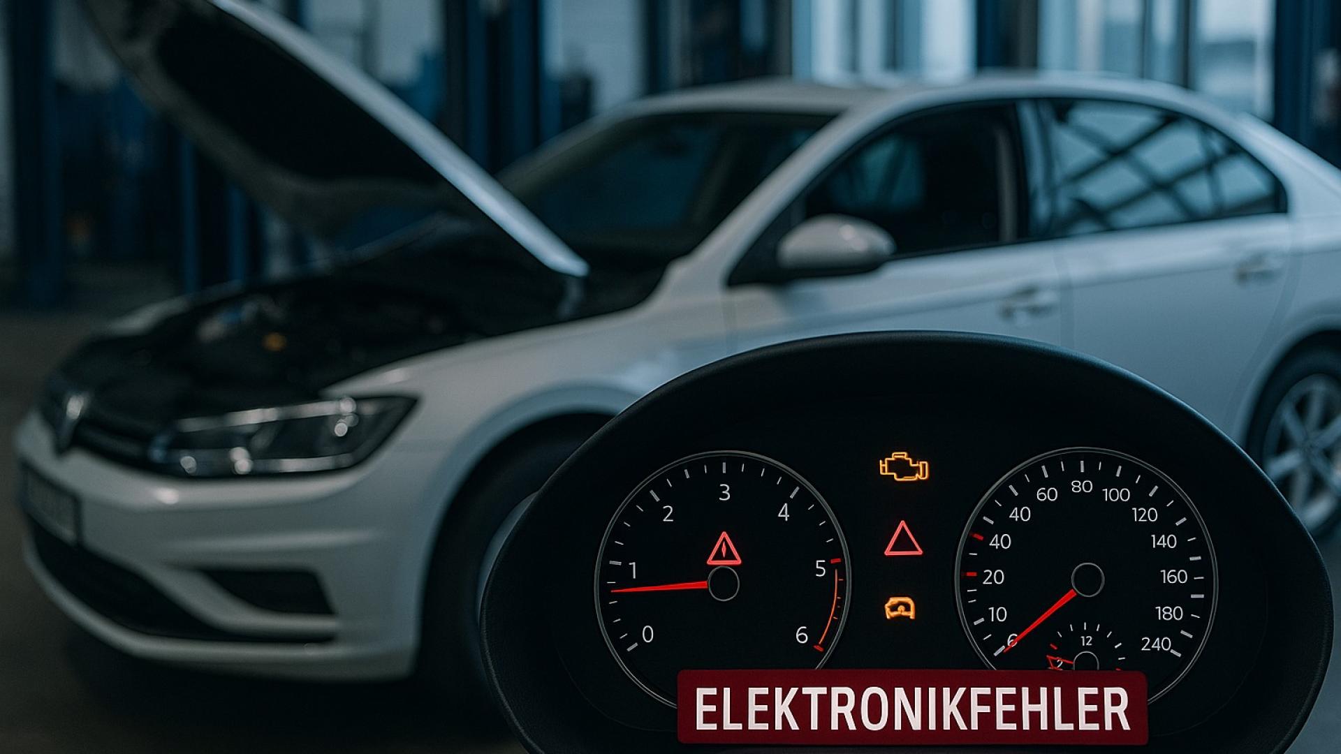 Nahaufnahme eines Auto-Cockpits mit Warnleuchten und der Anzeige „ELEKTRONIKFEHLER“ – im Hintergrund steht ein modernes Fahrzeug in der Werkstatt.