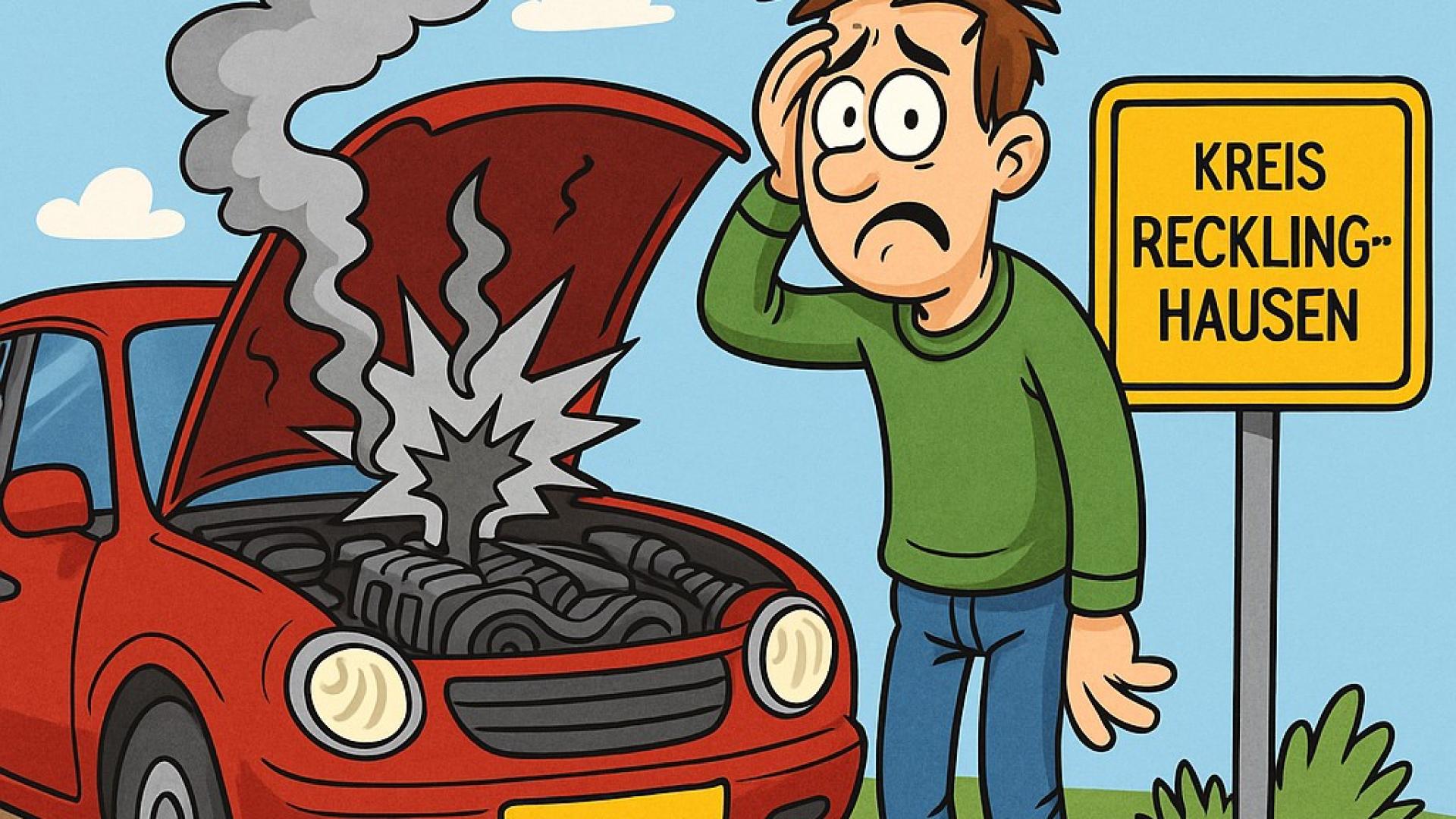 Ein lustiges Cartoon-Bild: Ein genervter Autofahrer steht neben seinem rauchenden Motor vor dem Ortsschild „Kreis Recklinghausen“ – perfekt zum Thema Motorschaden.