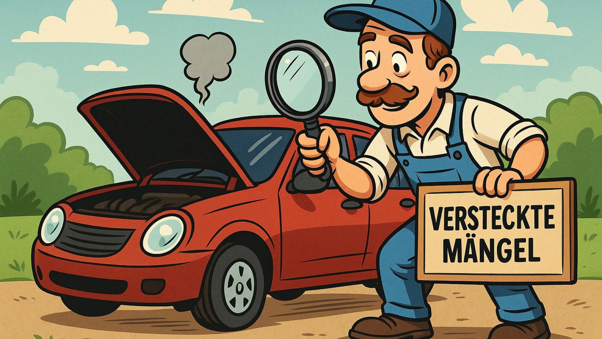 Cartoon eines Mechanikers mit Lupe, der ein Auto auf versteckte Mängel untersucht – humorvolle Illustration für Blogbeitrag von Autoankauf ADAM.