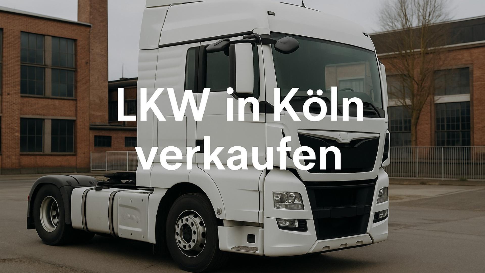 Moderner weißer LKW auf einem Industriegelände in Köln mit zentral platziertem Text: „LKW in Köln verkaufen – schnell, unkompliziert & zu Top-Preisen“. Unten leuchtet der orange CTA-Button „Autoankauf ADAM“