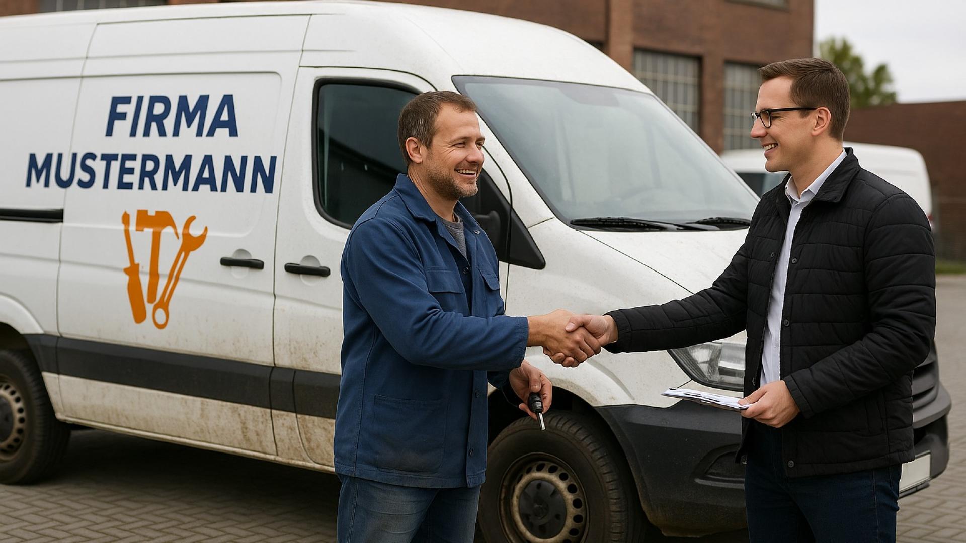 Ein Handwerker übergibt seinen leicht verschmutzten Transporter an einen Autoankäufer. Beide reichen sich lächelnd die Hand – authentische Szene eines Fahrzeugverkaufs im Arbeitsalltag.