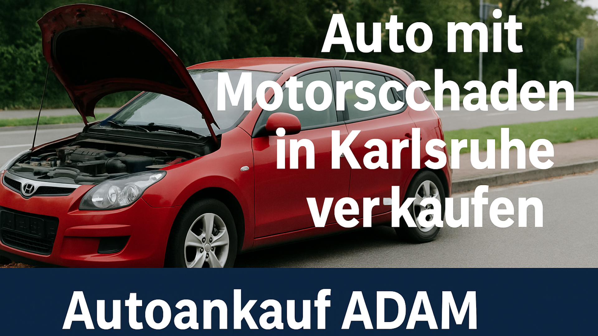 Auto mit offenem Motorraum und Motorschaden in Karlsruhe, ideal als Titelbild für den Autoankauf von defekten Fahrzeugen durch Autoankauf ADAM.