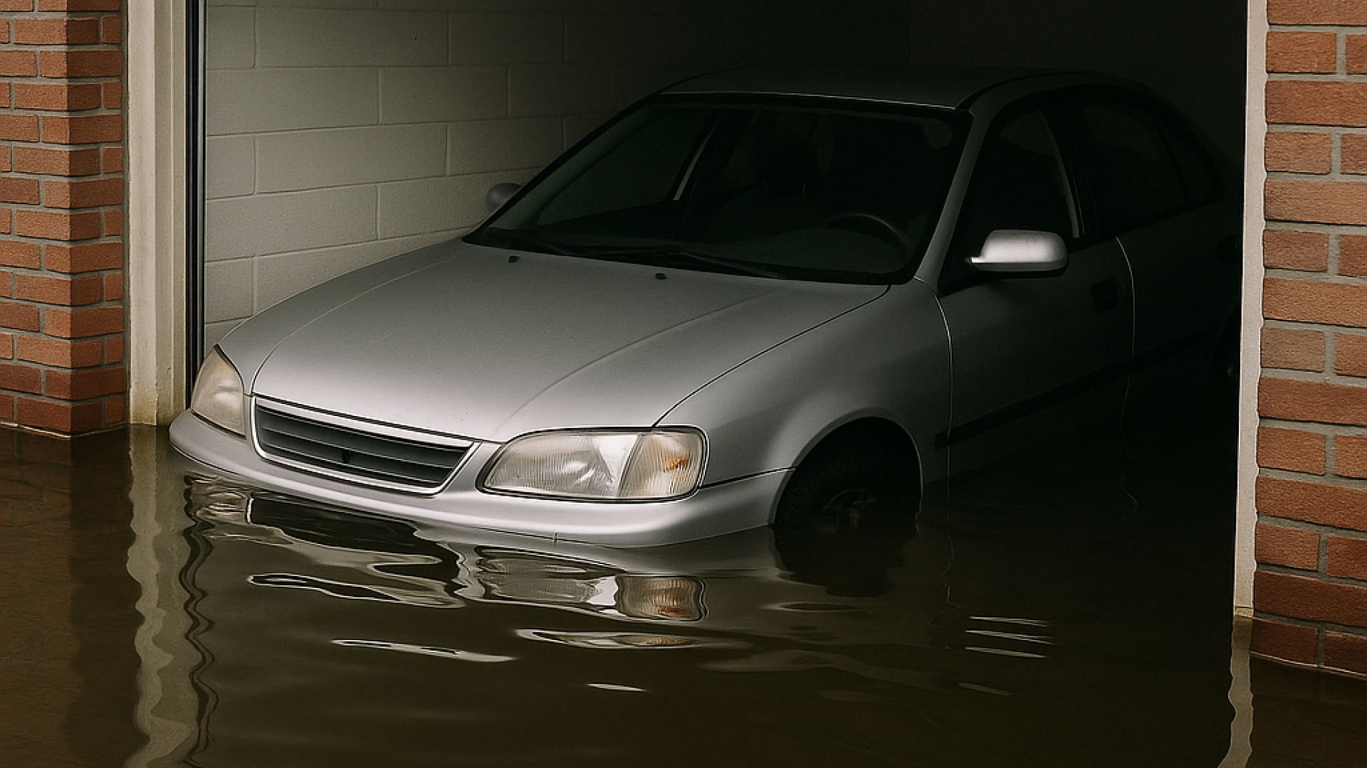 Ein Pkw steht halb unter Wasser in einer vollgelaufenen Garage – realistisches Beispiel für schwere Wasserschäden am Auto nach Rohrbruch oder Überflutung.