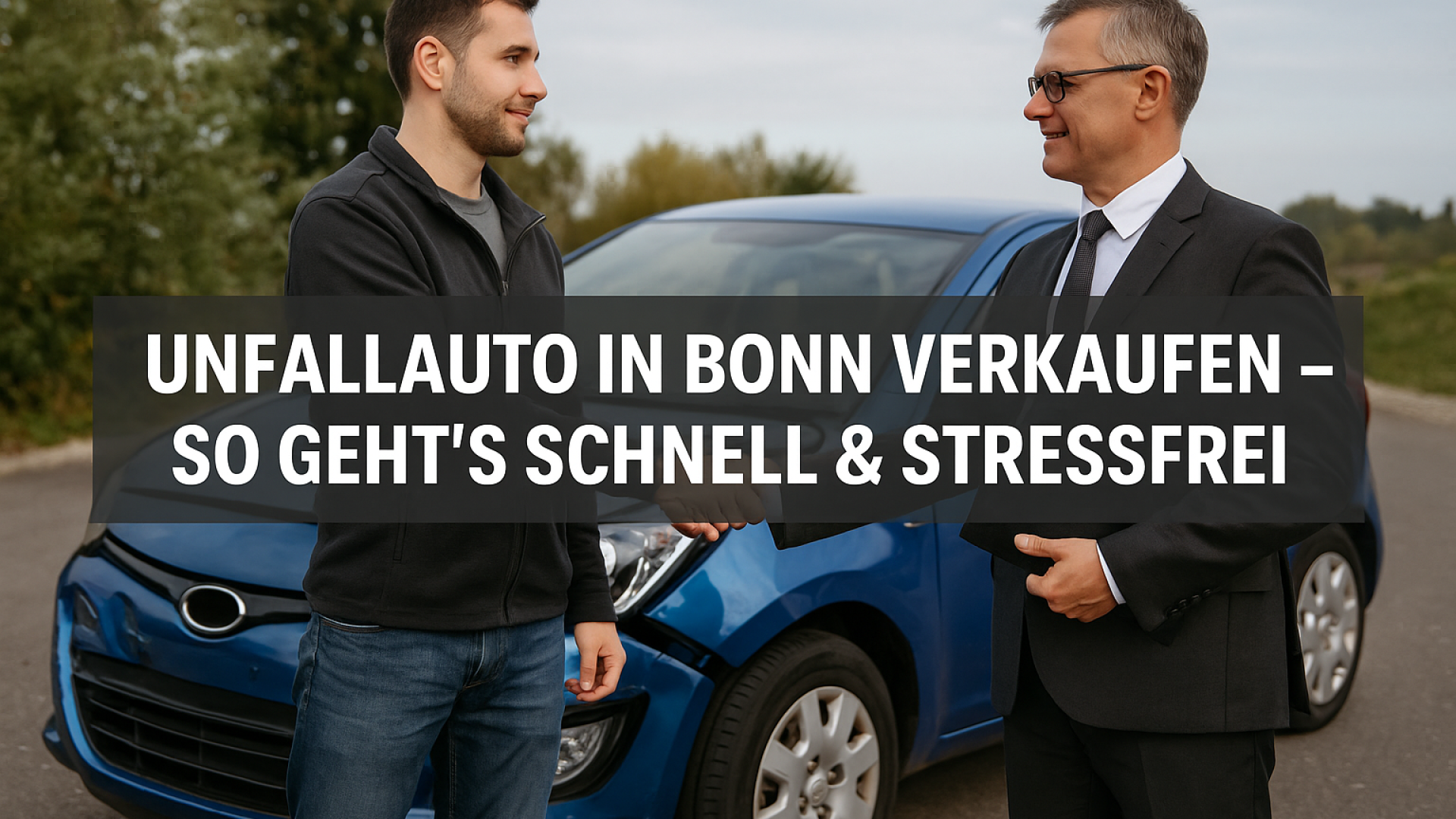 Ein modernes Blogbild zeigt einen Autoverkäufer und Käufer beim Handschlag vor einem beschädigten blauen Unfallauto – Symbol für den einfachen Verkauf von Unfallwagen in Bonn.