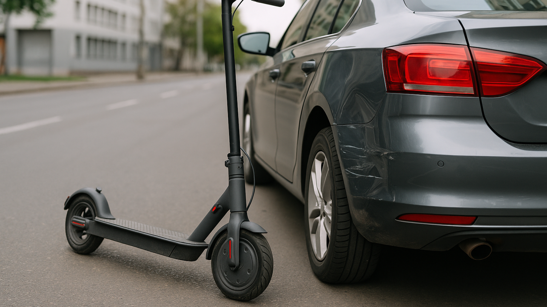 E-Scooter steht nach einem Zusammenstoß neben einem beschädigten Auto. Realistische Darstellung eines Unfalls zwischen Roller und Pkw.
