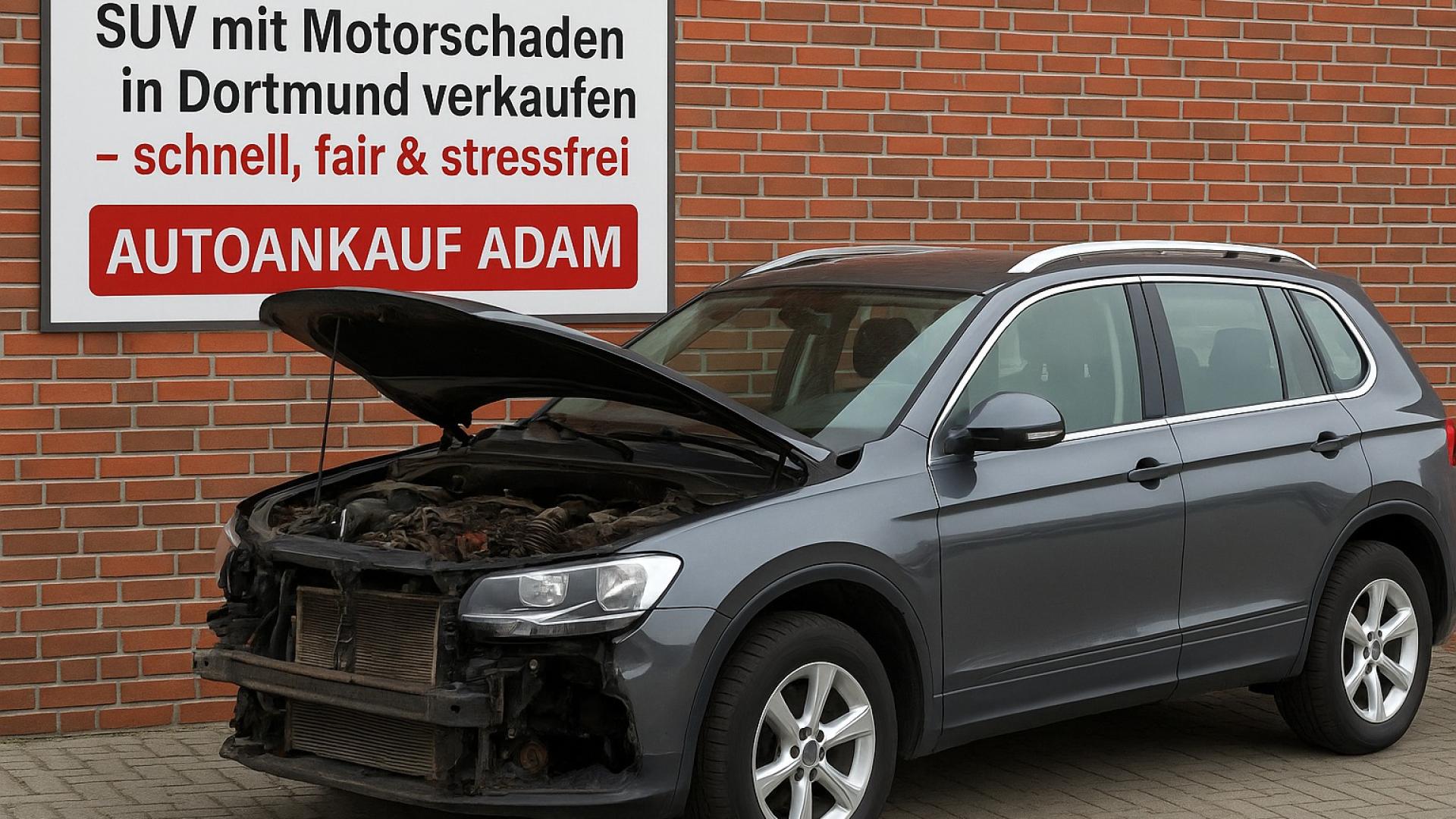 Ein grauer SUV mit Motorschaden steht vor einer Wand mit dem Schild „SUV mit Motorschaden in Dortmund verkaufen – Autoankauf ADAM“. Symbolbild für schnellen und fairen Fahrzeugankauf in Dortmund.