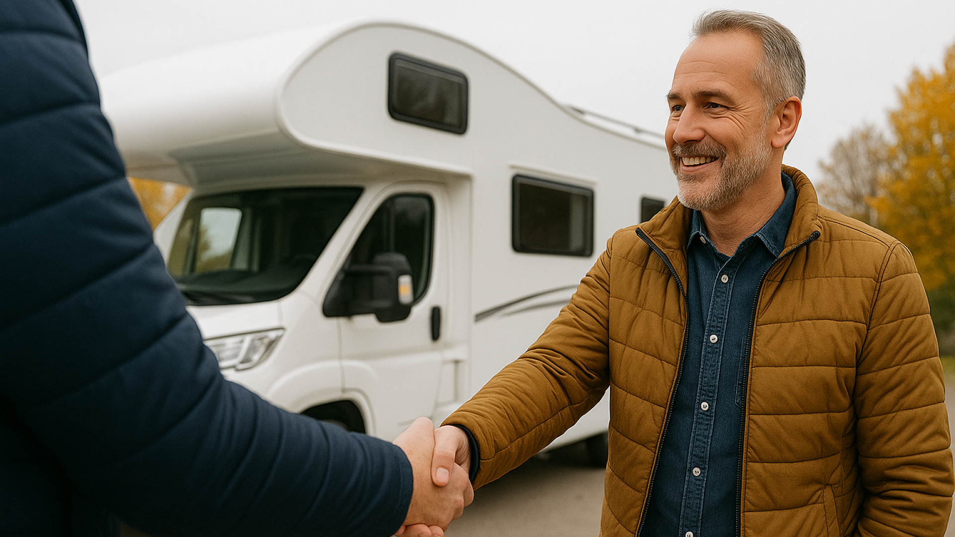 Zwei Männer beim Verkauf eines Wohnmobils im Herbst – freundlicher Handschlag vor weißem Camper, symbolisiert schnellen und unkomplizierten Wohnmobilankauf.