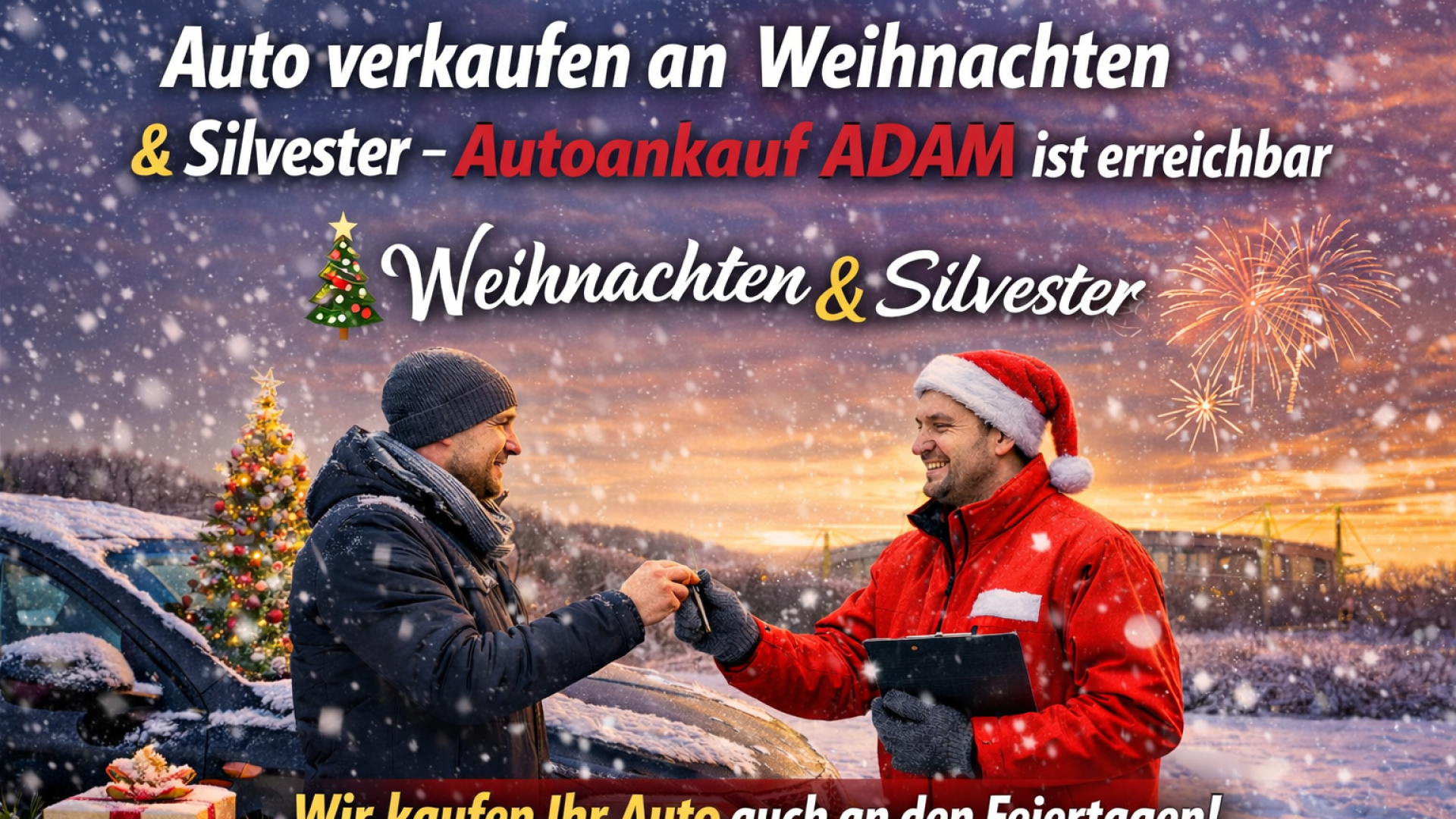Auto verkaufen an Weihnachten oder Silvester? Autoankauf ADAM bewertet, kauft und holt Fahrzeuge auch an Feiertagen ab.