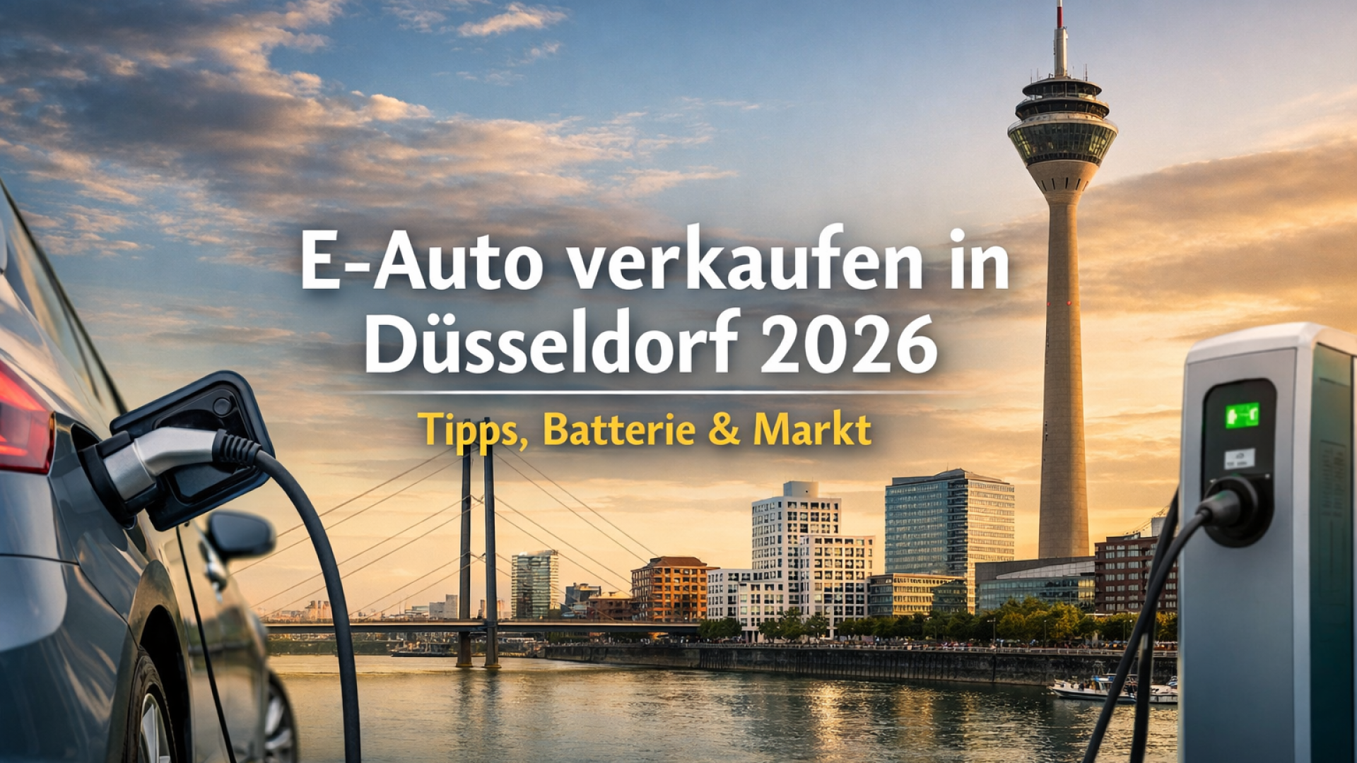 Elektroauto beim Laden vor Düsseldorfer Skyline – Tipps zum E-Auto-Verkauf in Düsseldorf 2026.