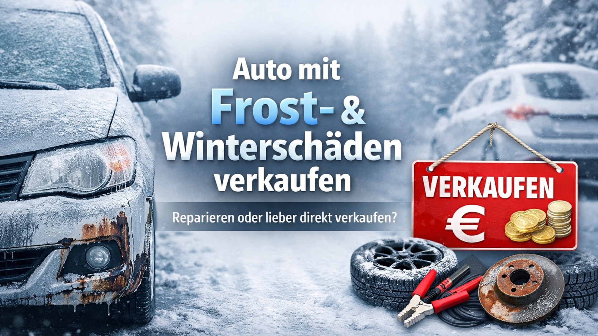 Auto mit Frost- und Winterschäden im Winter – Entscheidung zwischen Reparatur oder Verkauf eines beschädigten Fahrzeugs.
