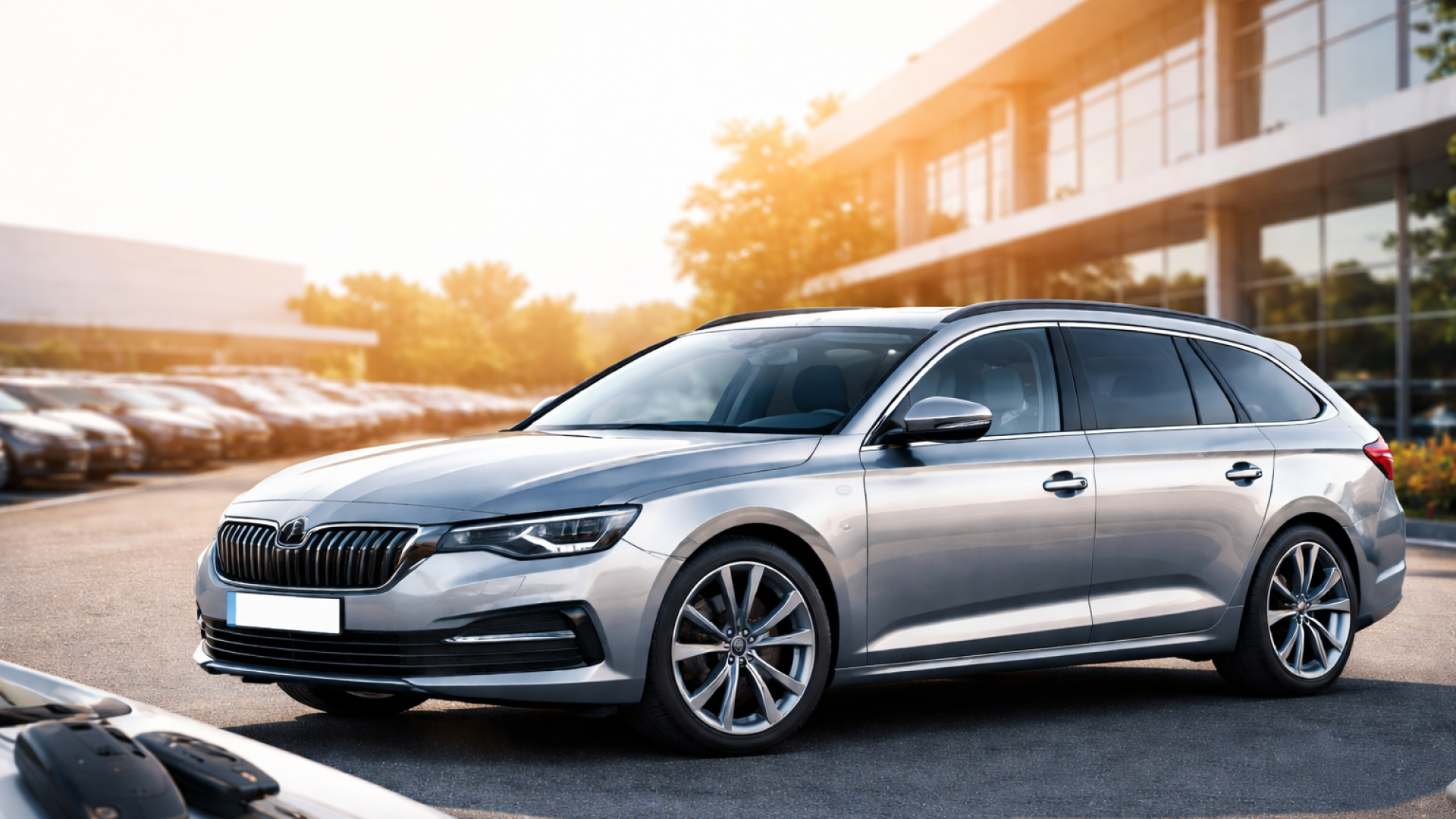 Silberne Kombilimousine im Querformat auf einem Autohof, modernes Design mit viel Stauraum – geeignet für den Verkauf einer Kombilimousine.