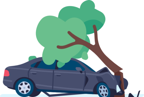 Illustration eines Autounfalls Aufprall gegen Baum mit Totalschaden