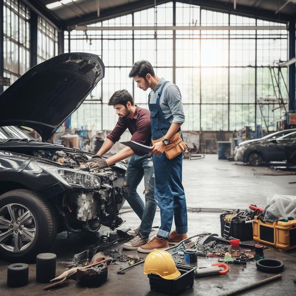 Ein defektes Auto steht in der Werkstatt und wird von zwei Mechanikern begutachtet