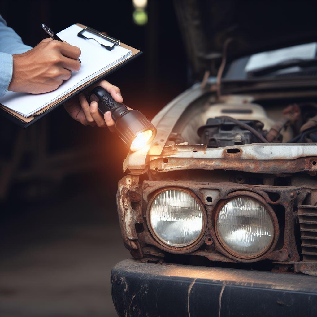 Ein Autoexperte geht mit der Taschenlampe und einer Checkliste vor dem Autoankauf um das Auto