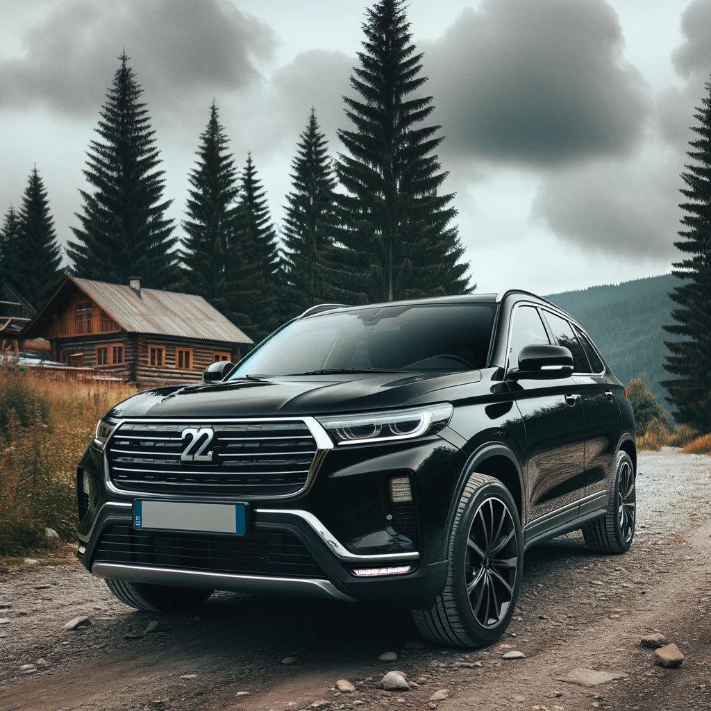 Auf dem Bild steht ein modernes schwarzes SUV auf einem Schotterweg in einer bergigen Landschaft. Der Himmel ist bewölkt, und um das Fahrzeug herum stehen Kiefern. Im Hintergrund ist eine hölzerne Hütte zu erkennen