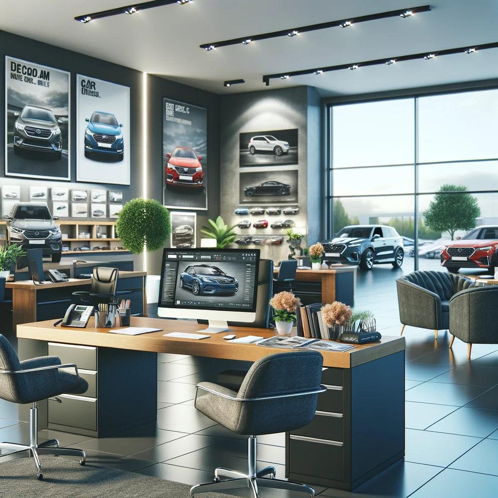 Das Bild zeigt ein modernes Büro eines Autohauses mit dem Schreibtisch eines Autoverkäufers