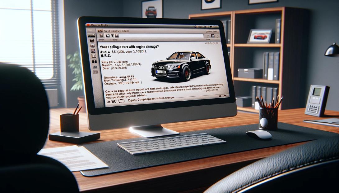 Das Bild zeigt ein realistisches Bild von Schreibtisch mit Computer und geöffneter E-Mail an Autoankauf ADAM