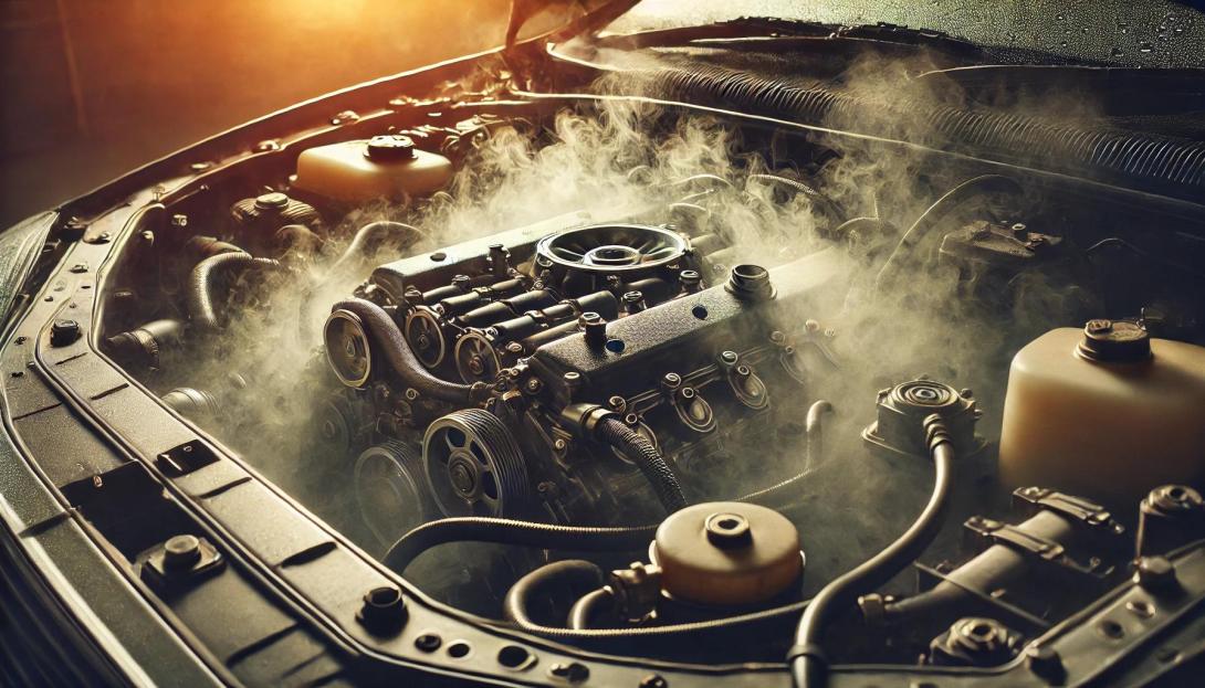 Das Bild zeigt eine Nahaufnahme eines Motorraums, aus dem Rauch aufsteigt – ein klares Anzeichen für eine Überhitzung oder einen Motorschaden