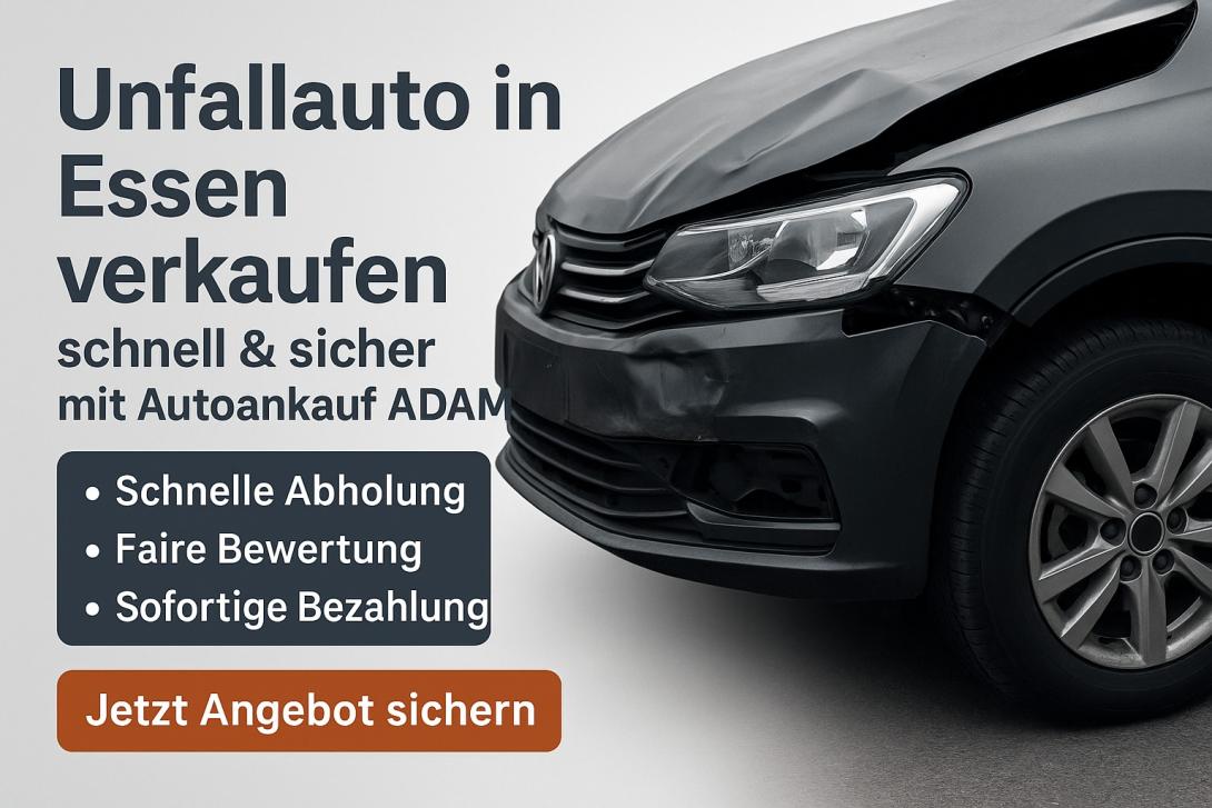 Digitale Anzeige für den Unfallauto-Ankauf in Essen mit beschädigtem Fahrzeug, Vorteilen des Services und CTA „Jetzt Angebot sichern“. 