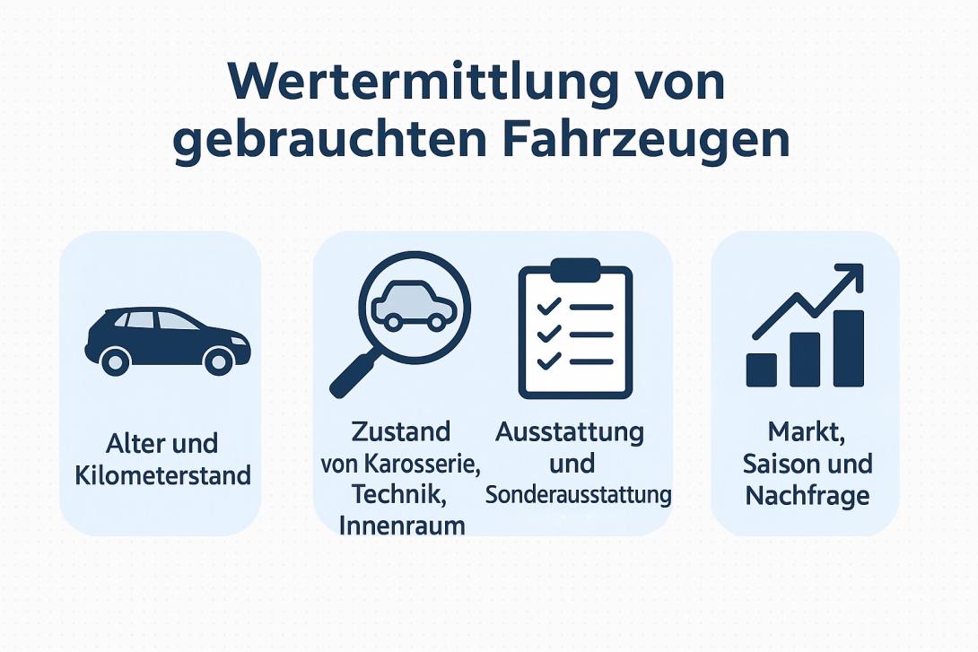 Infografik zur Wertermittlung gebrauchter Fahrzeuge – zeigt die wichtigsten Faktoren wie Alter, Zustand, Ausstattung und Marktnachfrage.