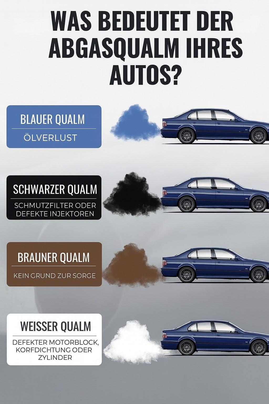 Infografik: Was verrät Abgasqualm über Ihr Auto? Bedeutung von blauem, schwarzem, braunem und weißem Rauch einfach erklärt.