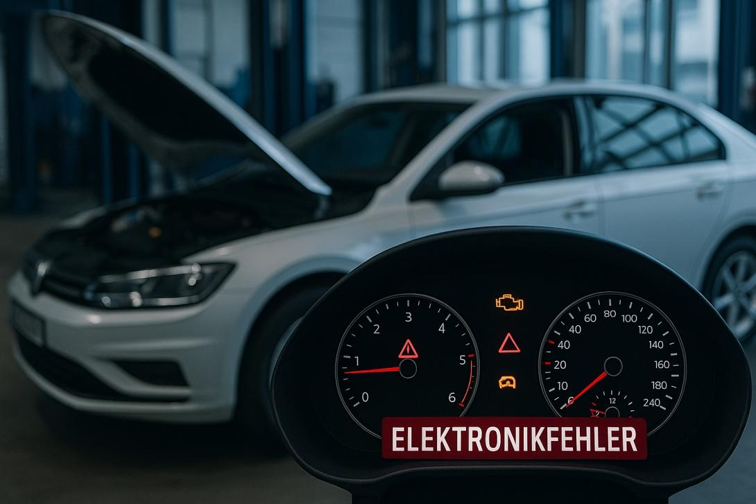 Nahaufnahme eines Auto-Cockpits mit Warnleuchten und der Anzeige „ELEKTRONIKFEHLER“ – im Hintergrund steht ein modernes Fahrzeug in der Werkstatt.