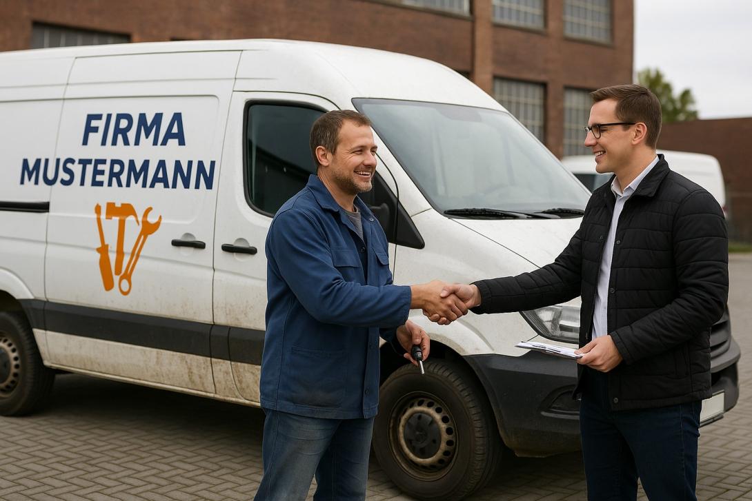 Ein Handwerker übergibt seinen leicht verschmutzten Transporter an einen Autoankäufer. Beide reichen sich lächelnd die Hand – authentische Szene eines Fahrzeugverkaufs im Arbeitsalltag.