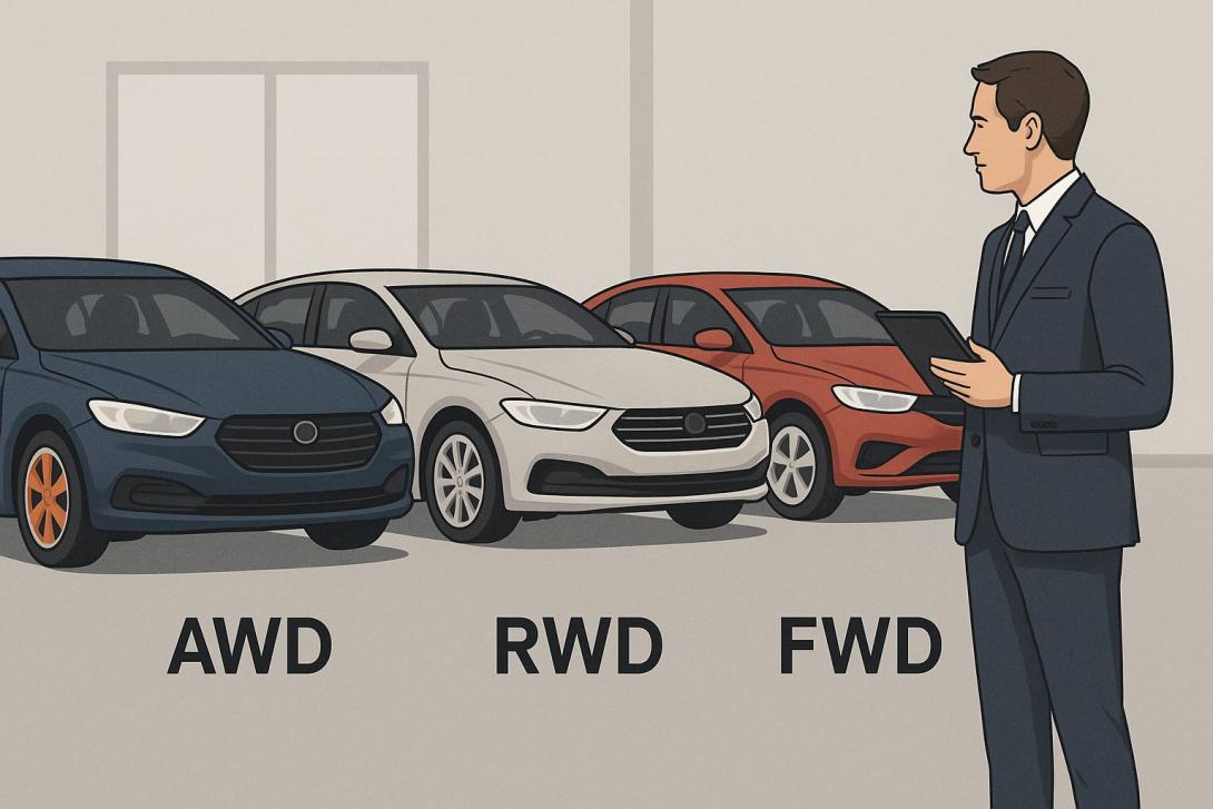 Realistische Illustration eines Autoankäufers, der drei Fahrzeuge mit Allrad-, Heck- und Frontantrieb begutachtet – passend zum Thema Autoankauf und Antriebsarten.