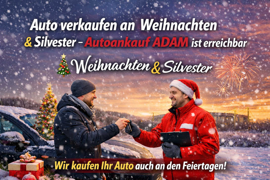 Auto verkaufen an Weihnachten oder Silvester? Autoankauf ADAM bewertet, kauft und holt Fahrzeuge auch an Feiertagen ab.