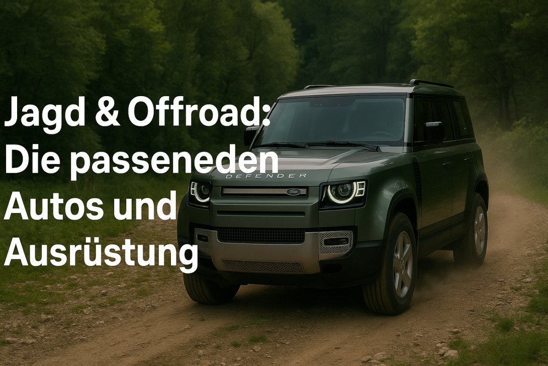 Land Rover Defender auf einem Waldweg – ideales Jagd- und Offroad-Fahrzeug. Perfekt für Jäger, die robuste Geländewagen und passende Ausrüstung suchen.