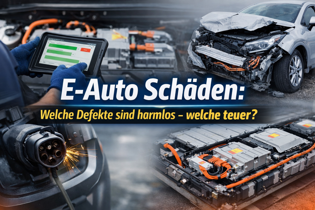 E-Auto mit typischen Schäden: Batterie, Ladeanschluss und Unfallschaden – Vergleich zwischen harmlosen und teuren Defekten.