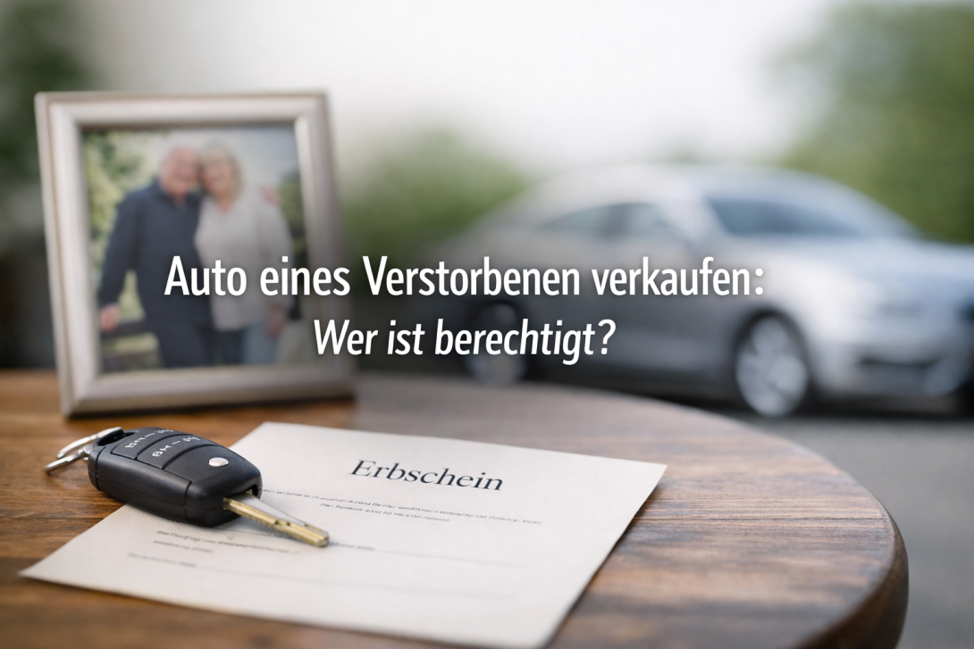 Auto eines Verstorbenen verkaufen – Symbolbild mit Autoschlüssel, Erbschein und unscharfem Fahrzeug im Hintergrund.