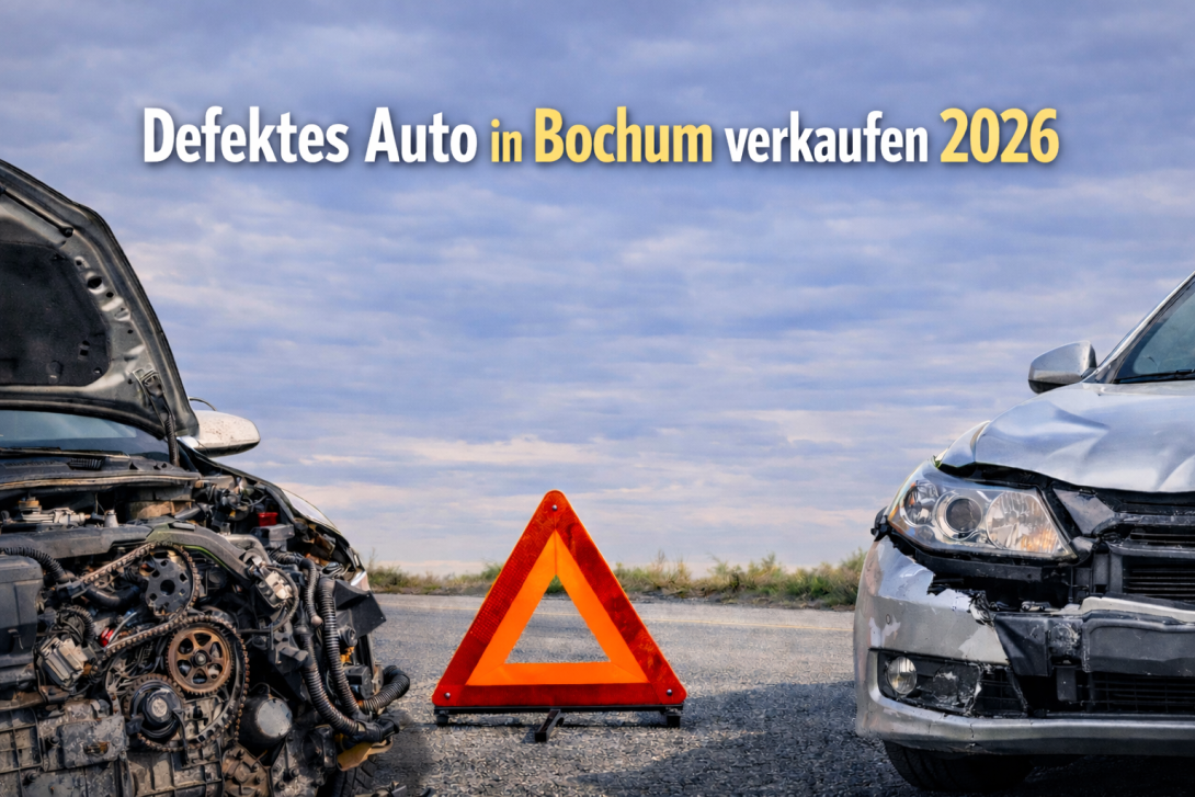 Bild eines defekten Autos mit Motorschaden und Unfallwagen in Bochum 2026 – Symbolbild für schnellen Fahrzeugverkauf trotz Schaden.