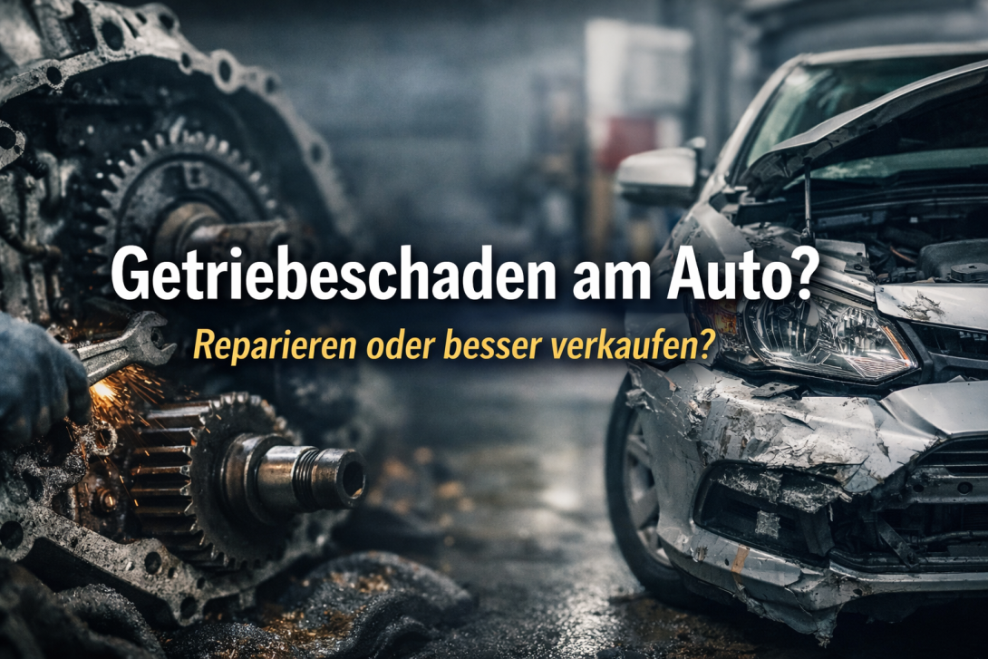 Getriebeschaden am Auto – defektes Getriebe und beschädigtes Fahrzeug mit Hinweis auf Reparatur oder Verkauf.