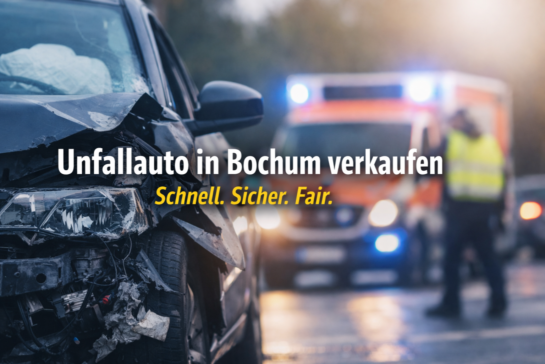 Unfallauto in Bochum nach Verkehrsunfall mit beschädigter Front und Rettungswagen im Hintergrund. Verkauf schnell und sicher